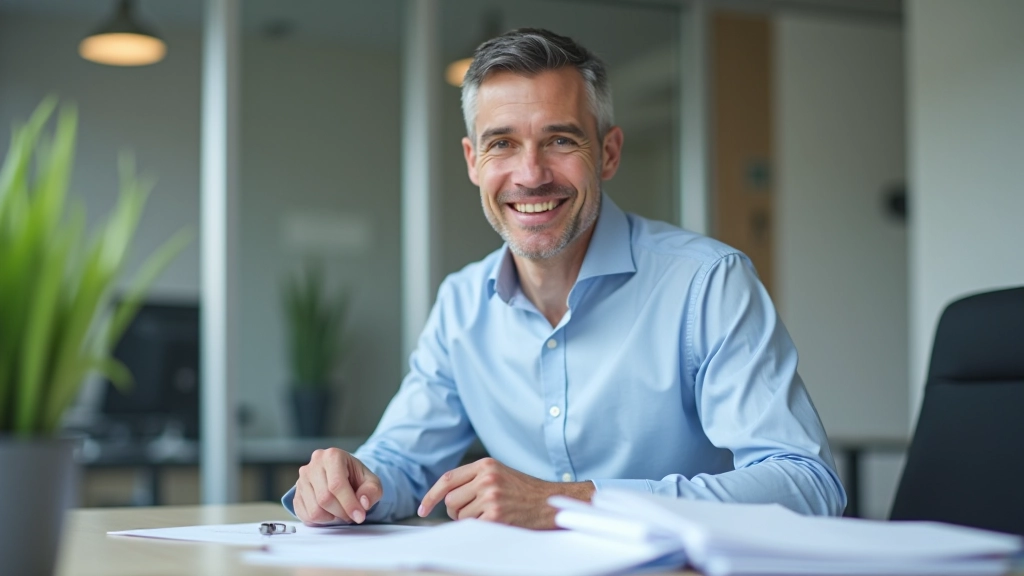 Person in professional attire working at a clean desk with organized documents and a laptop showing structured data